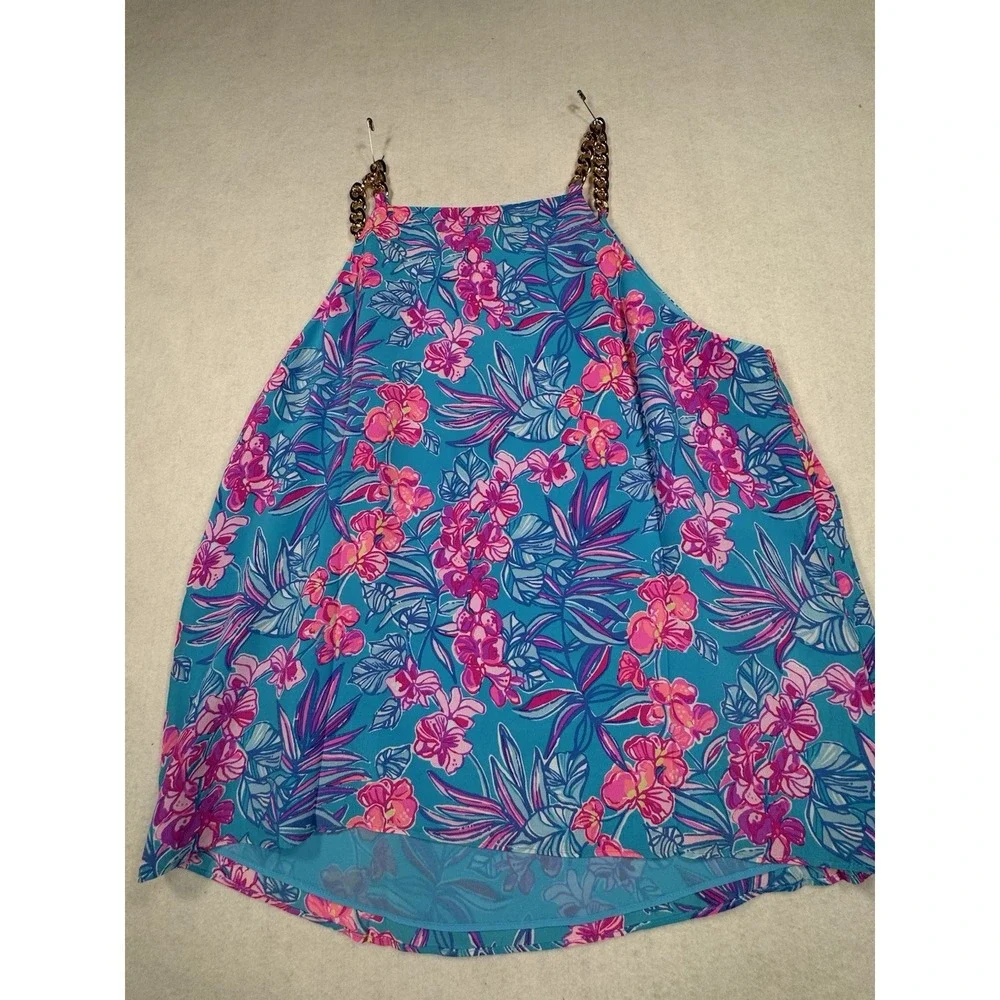 Lilly Pulitzer Size 8 Blue Pink Tropical Floral Chain Neck Sleevless Top - Picture 6 of 11